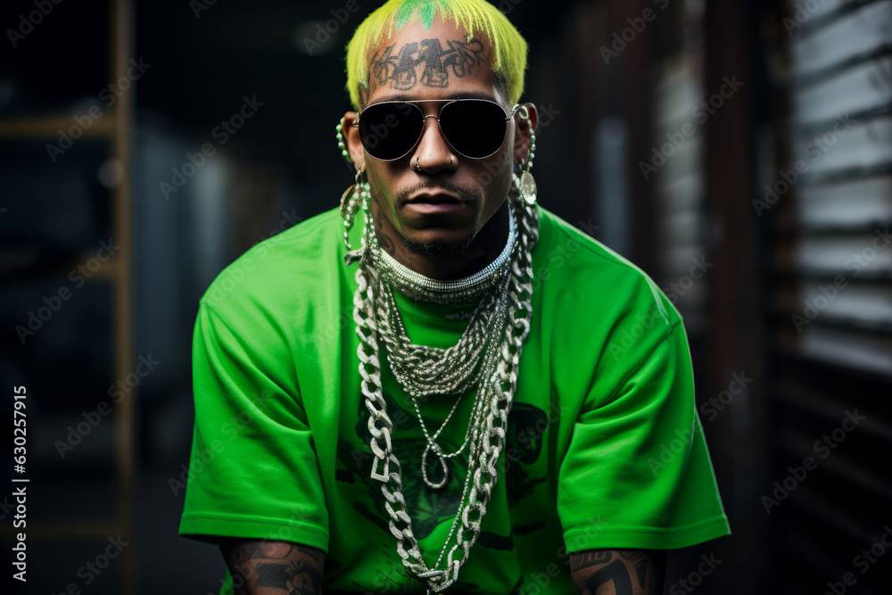 Tough rapper portrait with face tattoos and gold chains, lime green hair  and clothing on dark background Stock Photo | Adobe Stock