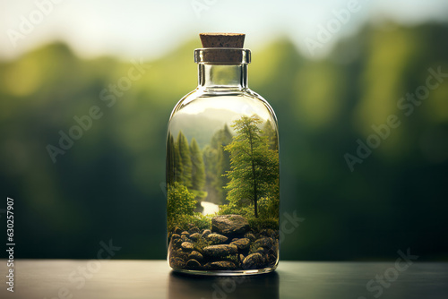 Nature in a bottle with view of a forest inside a glass jar on simple background