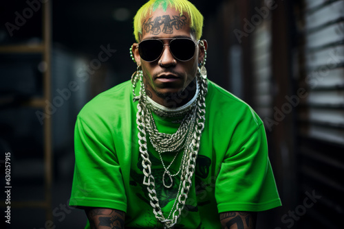 Fotografia, Obraz Tough rapper portrait with face tattoos and gold chains, lime green hair and clo