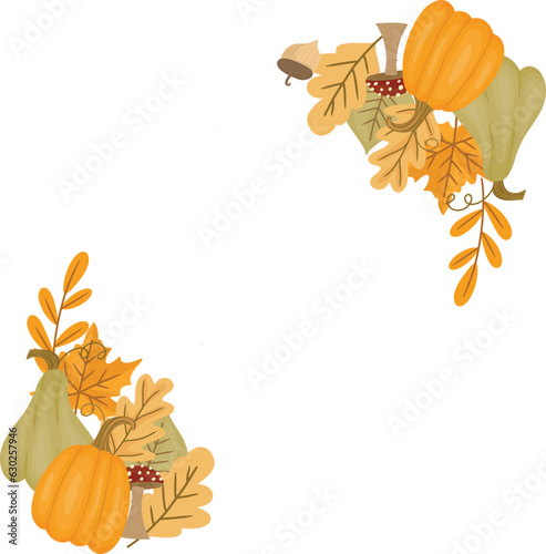 Autumn design decorated with dry maple leaves, pumpkins, mushrooms and pinecones