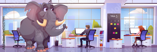 Elephant near worker desk in office room cartoon vector. Businessman and woman employee at window workplace ignore or avoid unpleasant and unspoken trouble business metaphor panoramic illustration.
