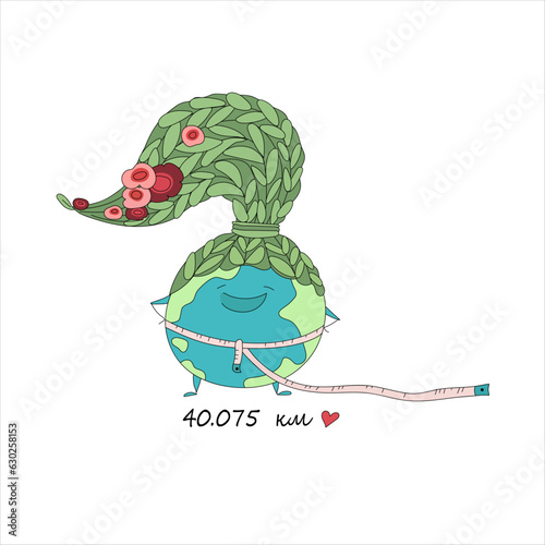 Cheerful character in the image of the planet. Measures the diameter of his waist with a meter.