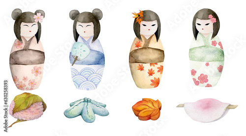 Watercolor hand drawn traditional Japanese sweets. Seasonal wagashi and kokeshi dolls. Isolated on white background. Design for invitations, restaurant menu, greeting cards, print, textile photo