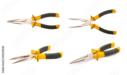 Long nose pliers black yellow color isolated on white background. photo