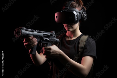 Person playing with virtual reality googles and a plastic gun. AI generative