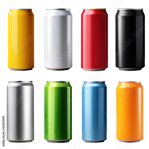 Blank beverage cans in different colors, mockup, isolated, white background, generative ai