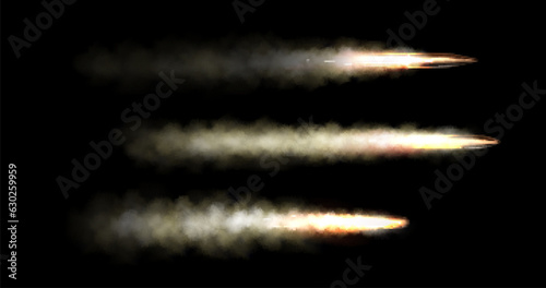 Realistic set of flying bullets with smoke trace isolated on black background. Vector illustration of gunshot trail, fired ammunition in motion, firearm projectiles moving fast, war shooting attack