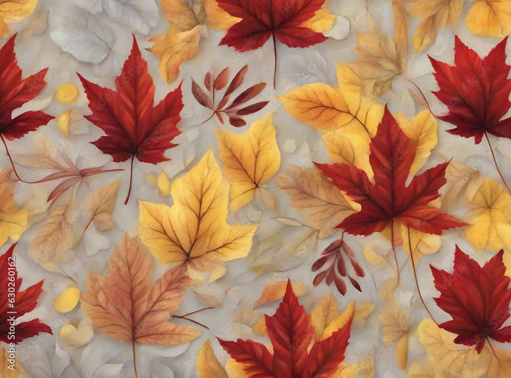 Autumn floral painted background red yellow leaves.