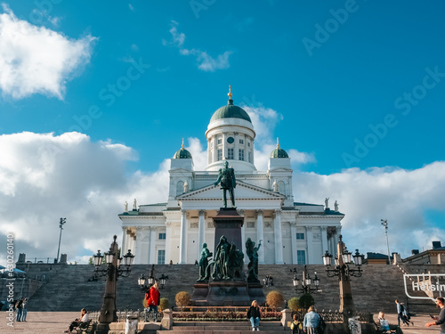 Helsinki, Finland - 07 04 2023: Helsinki Cathedral (Helsingin tuomiokirkko, Suurkirkko) in the centre of the city at the Senate Square.