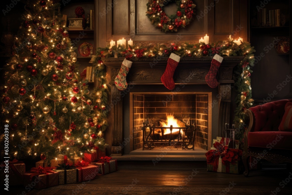 cozy fireplace adorned with stockings, twinkling lights, and a beautifully decorated Christmas tree, creating a warm and festive atmosphere - Generative AI cozy fireplace adorned with stockings, twinkling lights, and a beautifully decorated Christmas tree, creating a warm and festive atmosphere - Generative AI