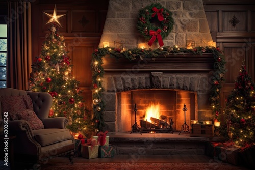 cozy fireplace adorned with stockings, twinkling lights, and a beautifully decorated Christmas tree, creating a warm and festive atmosphere - Generative AI