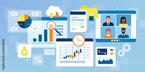 Business and finance apps on virtual screens