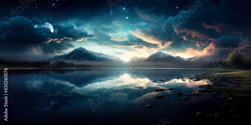 calm lake, where the surface of the water reflects a huge sky with bright stars. Generative AI © Лилия Захарчук