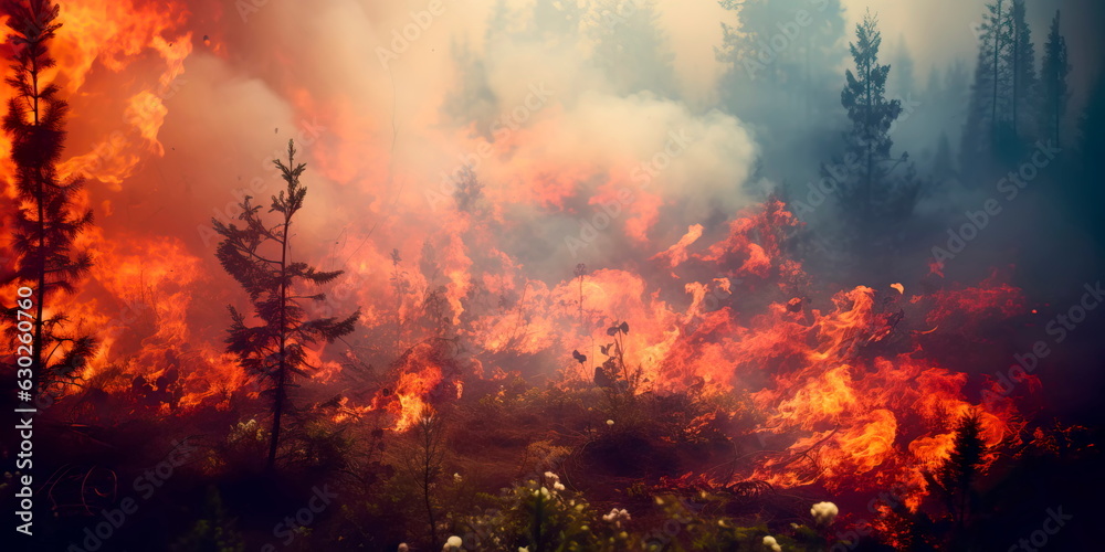 Naklejka premium forest fire creating heat waves and smoke swirls. Generative AI