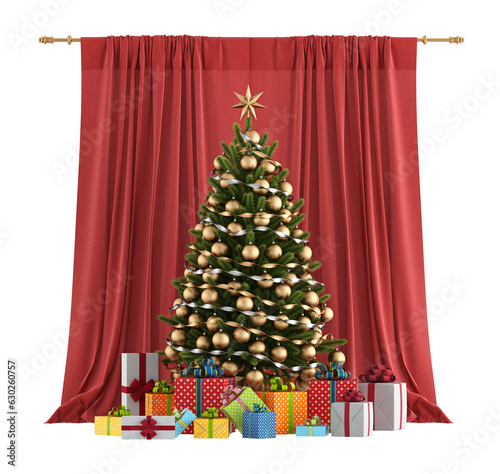 Christams tree with gift box in front a red curtain isolated on trasparent background - 3d rendering
