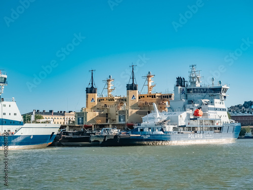 Helsinki, Finland - 07 04 2023: Icebreaker on The Katajanokka peninsula next to the Market Square in the summer. Huge ships