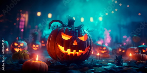 Halloween party with bright costumes and pumpkins.Generative AI