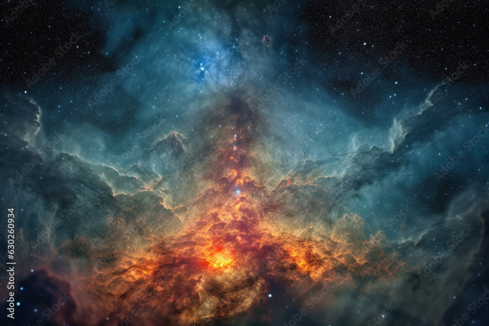 Fototapeta premium Awe inspiring sight of an incredible galaxy nebula, a magnificent cluster of stars in the vastness of outer space, offering a glimpse into the mysteries of the universe. Ai generated