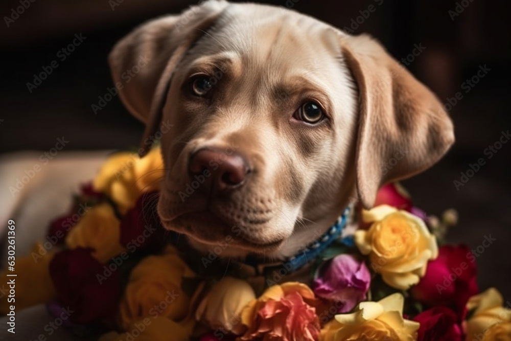 Heart melting cuteness of a lovable Labrador puppy surrounded by a delightful array of flowers. Ai generated