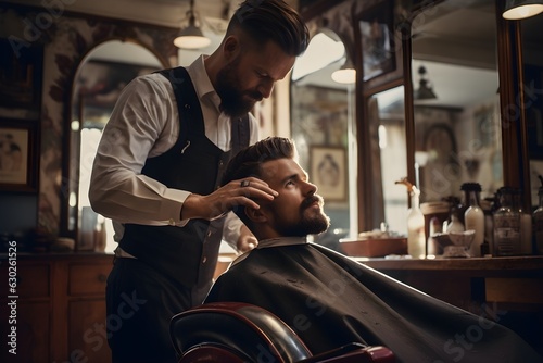 Elegance in grooming: A man receiving a haircut at a high-end barbershop, embodying sophistication and luxury