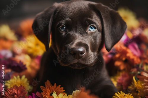 Heart melting cuteness of a lovable Labrador puppy surrounded by a delightful array of flowers. Ai generated
