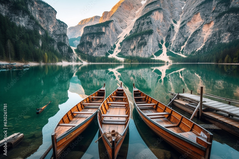 Immerse yourself in the tranquility of this picturesque landscape, featuring majestic mountains, a serene lake, and a rustic wooden boat. Ai generated