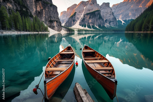 Immerse yourself in the tranquility of this picturesque landscape, featuring majestic mountains, a serene lake, and a rustic wooden boat. Ai generated