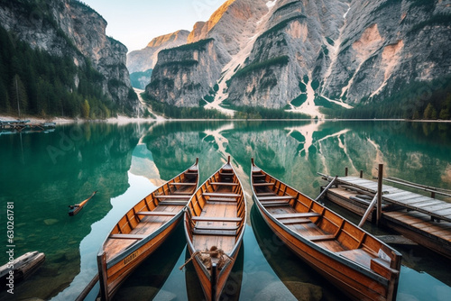 Immerse yourself in the tranquility of this picturesque landscape, featuring majestic mountains, a serene lake, and a rustic wooden boat. Ai generated