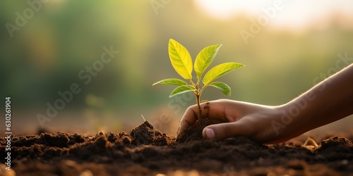 hand holding young plant sapling for planting on soil behind nature background at sunny day, world environment day, Generative AI