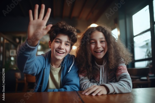 Girl and boy making a video call smiling waving their hands 