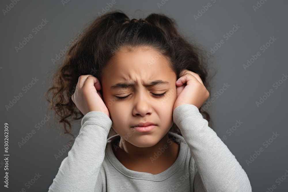Girl having ear pain touching his painful head isolated on gray background Girl having ear pain touching his painful head isolated on gray background