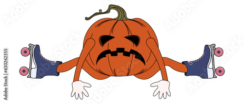 Funky Halloween Jack lantern falling on the rollers in Trendy Y2K retro style isolated on transparent background. Halloween icon, sticker. Vector illustration in modern Groovy style.