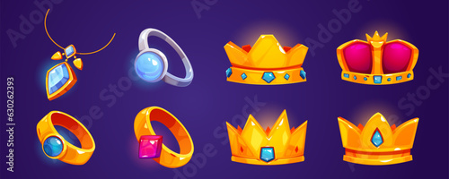 Game jewelry cartoon icon set. Bright glow golden and silver crowns, rings and amulet with crystals and gemstones. Vector illustration collection of royalty jewel assets with magic shiny stones.