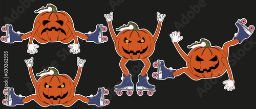 Set of Funky Halloween Jack lantern stickers on the rollers in Trendy Y2K retro style isolated on black background. Halloween icon, sticker. Vector illustration in modern Groovy style.