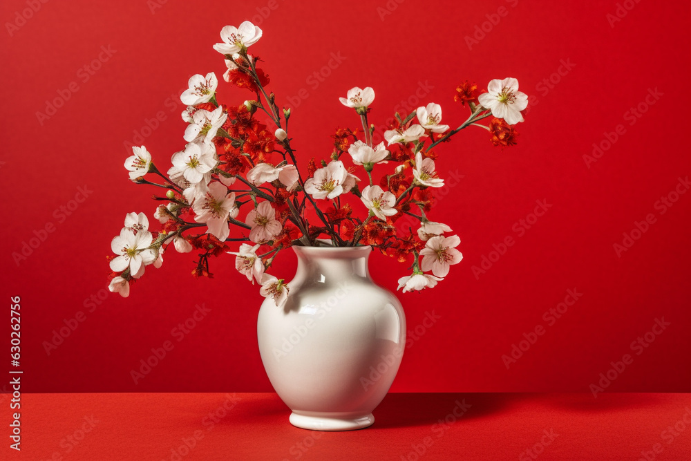 Artistic photography whith a white vase adorned with striking red and white flowers set against a vibrant red background. Ai generated