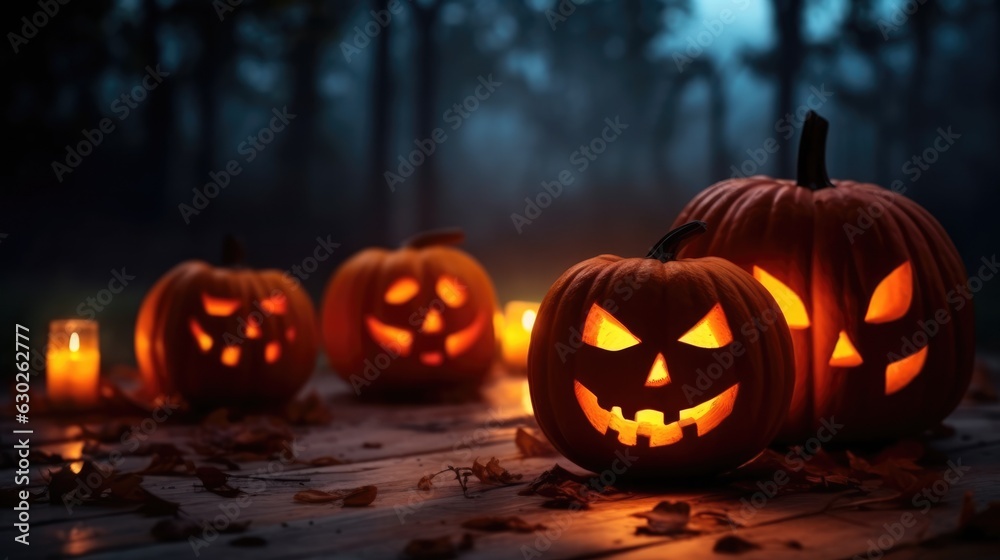 Halloween scary pumpkin, candles and dry leaves. halloween background. Halloween scary pumpkin, candles and dry leaves. halloween background.