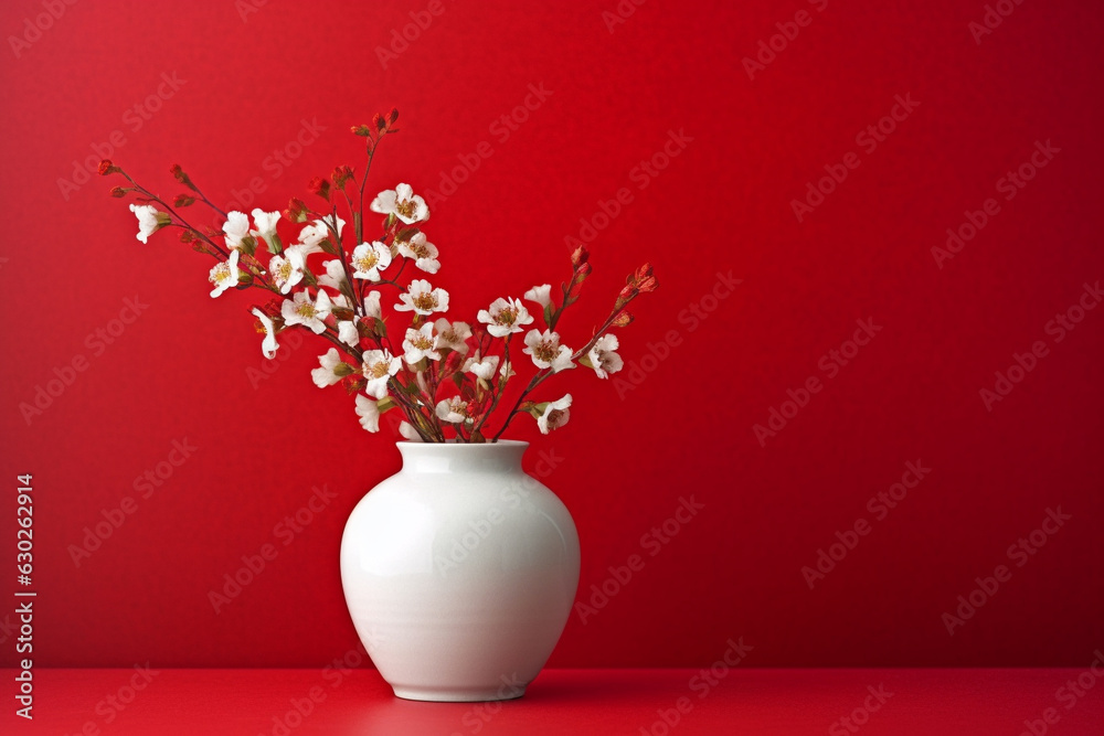 Artistic photography whith a white vase adorned with striking red and white flowers set against a vibrant red background. Ai generated