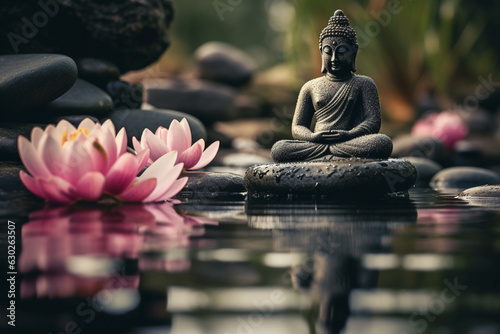 Serenity and tranquility of a Buddha statue seated in the lotus position on a peaceful river  with stones and a beautiful pink lotus flower  symbolizing inner peace and enlightenment. Ai generated