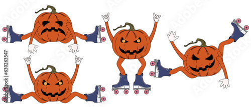 Set of Funky Halloween Jack lantern on the rollers in Trendy Y2K retro style isolated on transparent background. Halloween icon, sticker. Vector illustration in modern Groovy style.