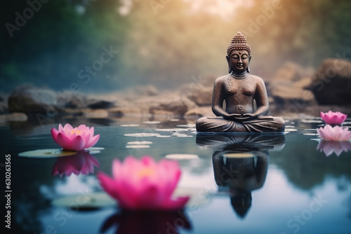 Serenity and tranquility of a Buddha statue seated in the lotus position on a peaceful river  with stones and a beautiful pink lotus flower  symbolizing inner peace and enlightenment. Ai generated