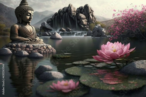 Serenity and tranquility of a Buddha statue seated in the lotus position on a peaceful river, with stones and a beautiful pink lotus flower, symbolizing inner peace and enlightenment. Ai generated © dragomirescu