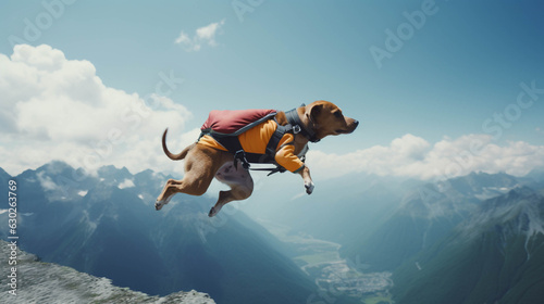 Base jumping Dog. Colorful. Empty Copy space on the side. Generative AI.  photo