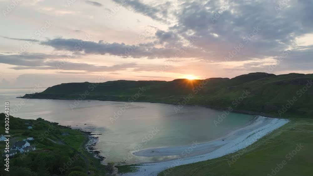 Sunset over Calgary Beach and Bay from a drone, Isle of Mull, Scottish Inner Hebrides, Scotland, UK Sunset over Calgary Beach and Bay from a drone, Isle of Mull, Scottish Inner Hebrides, Scotland, UK