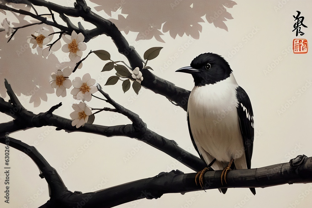 A bird sit on branch, traditional Chinese ink painting. Generative AI A bird sit on branch, traditional Chinese ink painting. Generative AI