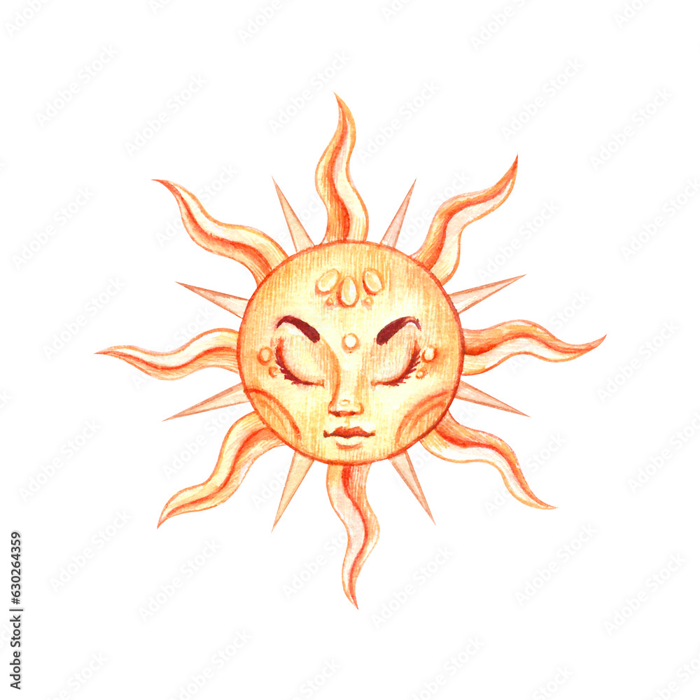 Watercolor magic sun with face isolated on white background. Celestial hand drawn art for astrological and esoteric blogs, prints, label, tags, sticker pack.