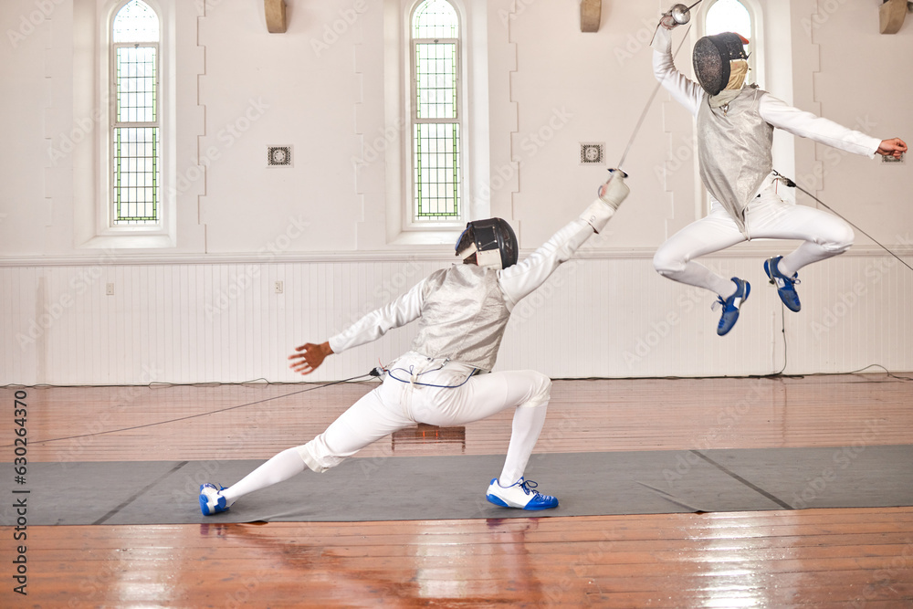 Fencing, exercise and people fight, jump and training, fitness or workout for energy with epee sword in club. Battle, fencer or athlete in performance, competition or sports with mask, helmet or suit