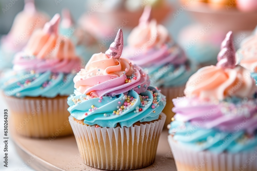 Close-up of a delicious cupcake with pastel colored cream and unicorn horn on a white serving plate against a blurred background