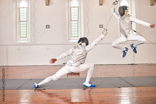 Photography Fencing, exercise and people fight, jump and training, fitness or workout for energy with epee sword in club