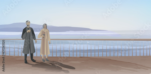Vector. An elderly couple walks along the promenade and drinks coffee. Lifestyle, retired people. Relationships, family, leisure concept. Autumn view. Europeans, a man and a woman with gray hair.