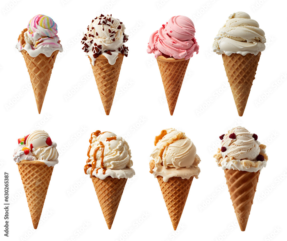 collection of delicious ice cream in waffle cone, isolated on transparent background cutout - png - different flavors mockup for design - image compositing footage - alpha channel collection of delicious ice cream in waffle cone, isolated on transparent background cutout - png - different flavors mockup for design - image compositing footage - alpha channel